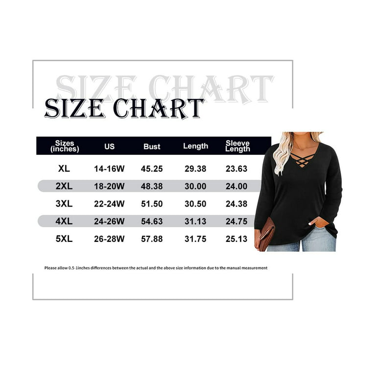 TIYOMI Plus Size Womens 5X Tops Criss Cross Black Long Sleeve V Neck Tees  Solid Color Loose Fit Shirts Early Spring Fall Winter Tunic 5XL 26W 28W