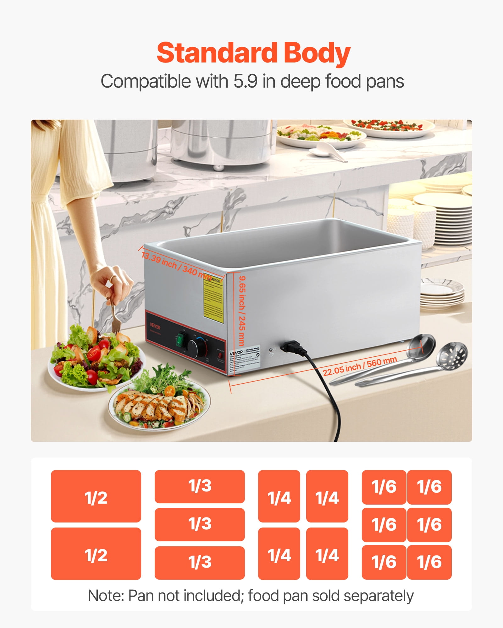 VEVOR Commercial Food Warmer, 1500W Electric Stainless Steel Steam Food Warmer, Fast Heating Countertop Buffet Bain Marie with Power Cord & Divider Strip, for Catering, Restaurants, Parties, Buffets