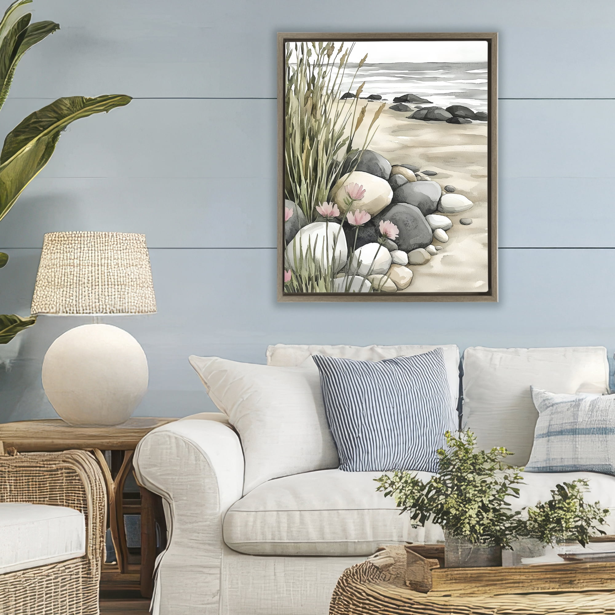 Stupell Industries Coastal Calm Pebbles Brown Framed Floater Canvas Wall Art, design by Riley B