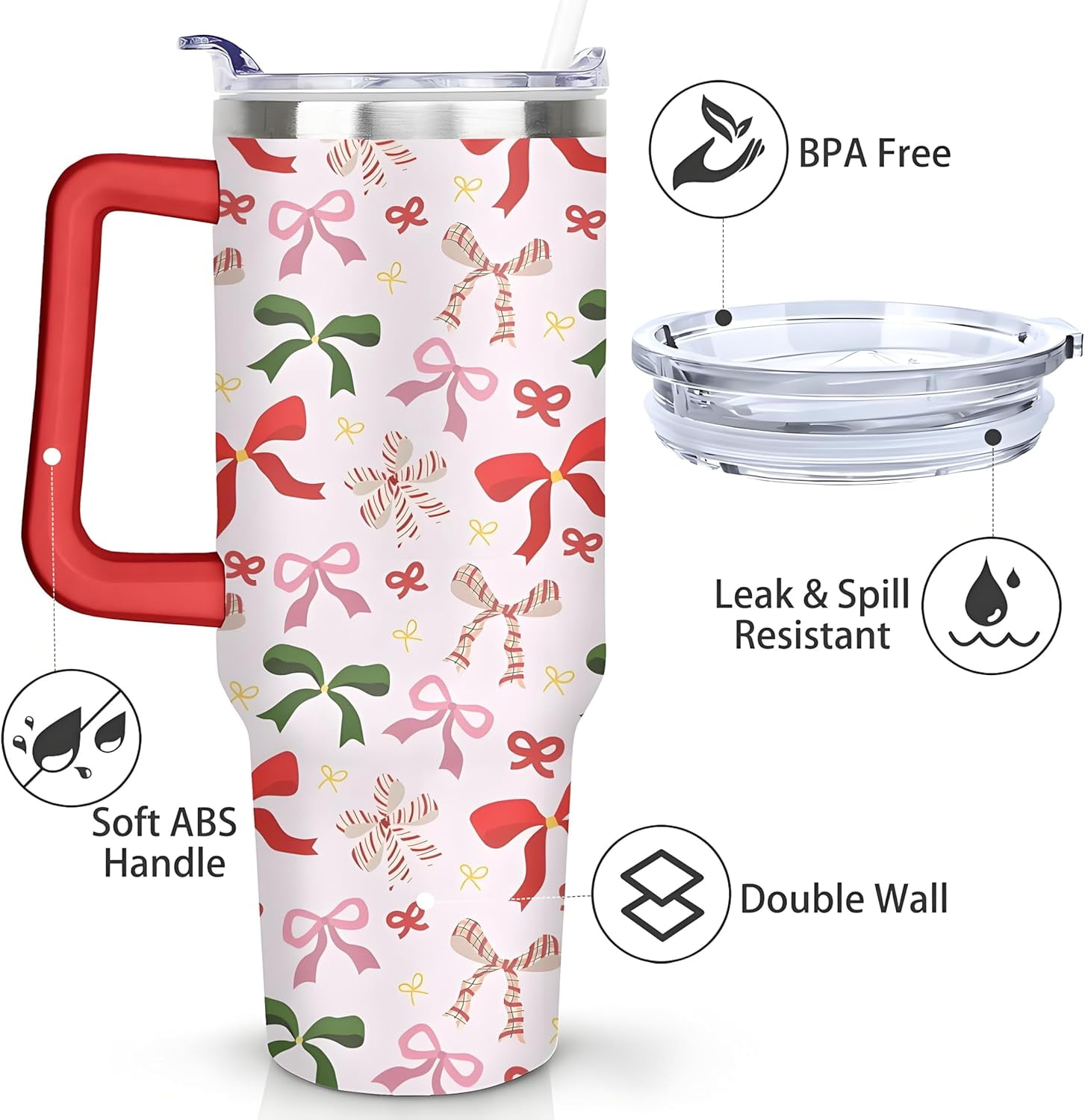 Christmas Tumbler, Cute Xmas Bow Tumbler with Handle and Straw, 40 oz Stainless Steel Insulated Water Bottle Christmas Birthday Winter Gifts for Women