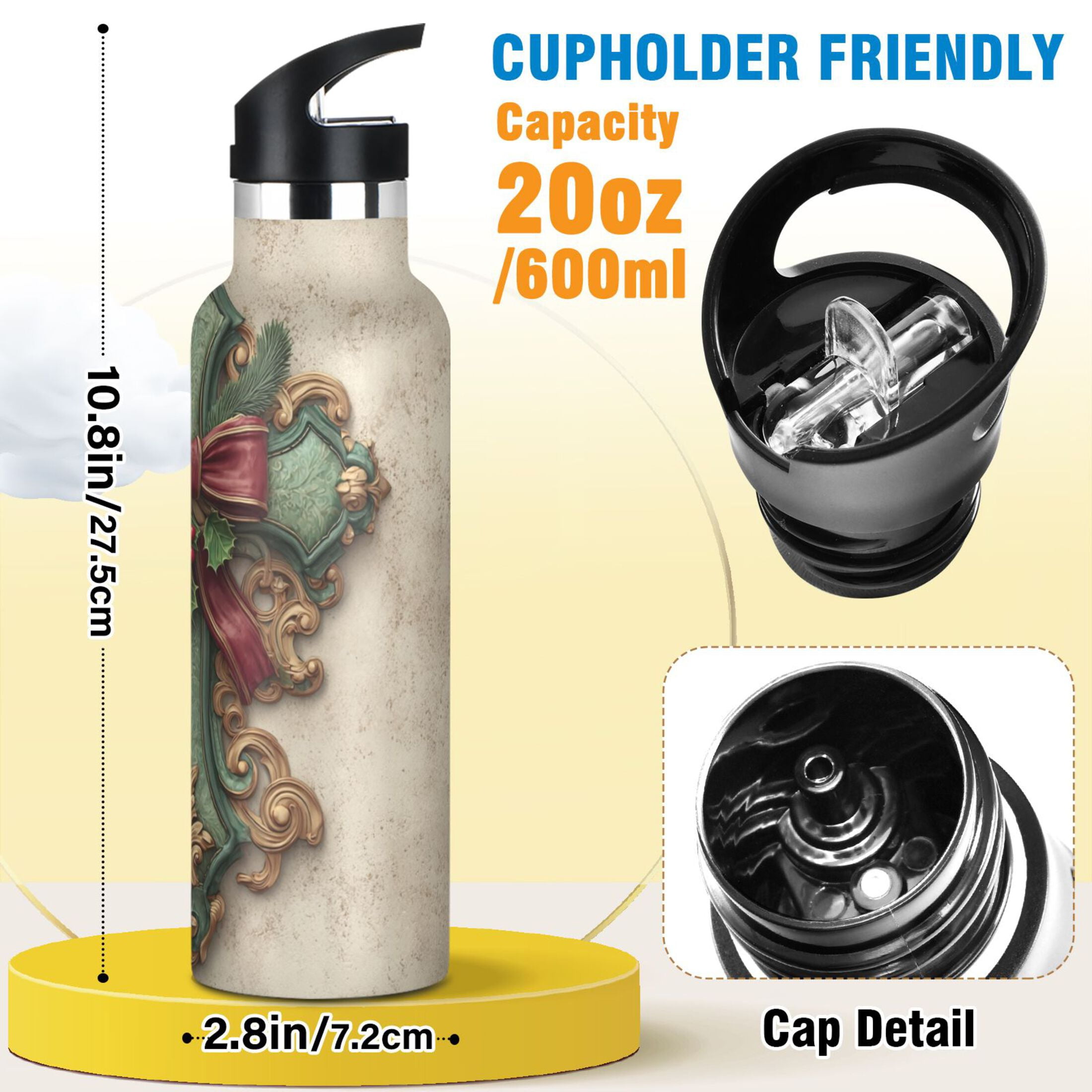 600ML Stainless Steel Insulated Cup Sports Water Bottle Portable Thermos Cup Water Glasses Insulated Tumblers Convenient and Durable Christmas Green Cross Cartoon