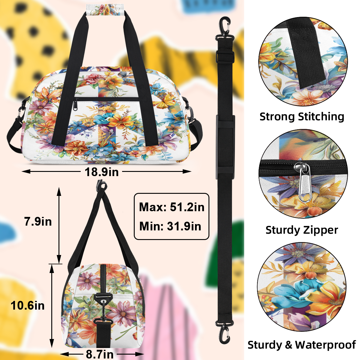 Herdesigns Hippie Flowers Sports Duffle Bag for Women & Men, Peace Sign Gym Bag Dance Bag Overnight Bag Carry On Weekender Travel Bag
