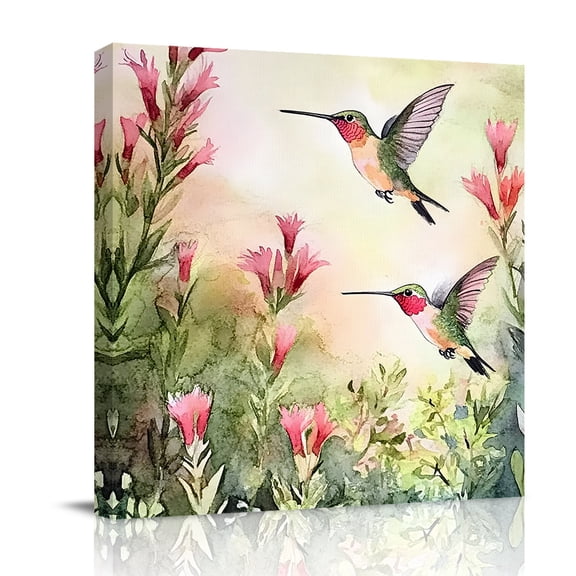 Canvas Wall Art, Hummingbird Red Floral Framed Canvas Prints for Living Room Bathroom, Rustic Botanical Green Ombre Gallery Wrapped Wall Decor for Home Office, Gifts, 12"x12" Ship Next Day