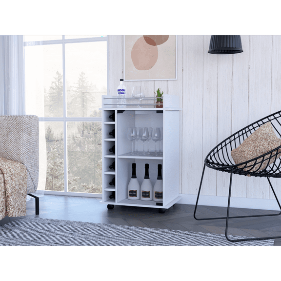 32" H white bar-coffee cart, Kitchen or living room cabinet storage with with 4 wheels, with 6 bottle racks, a central shelf covered by 1 glass door, 1 support surface with aluminum front.
