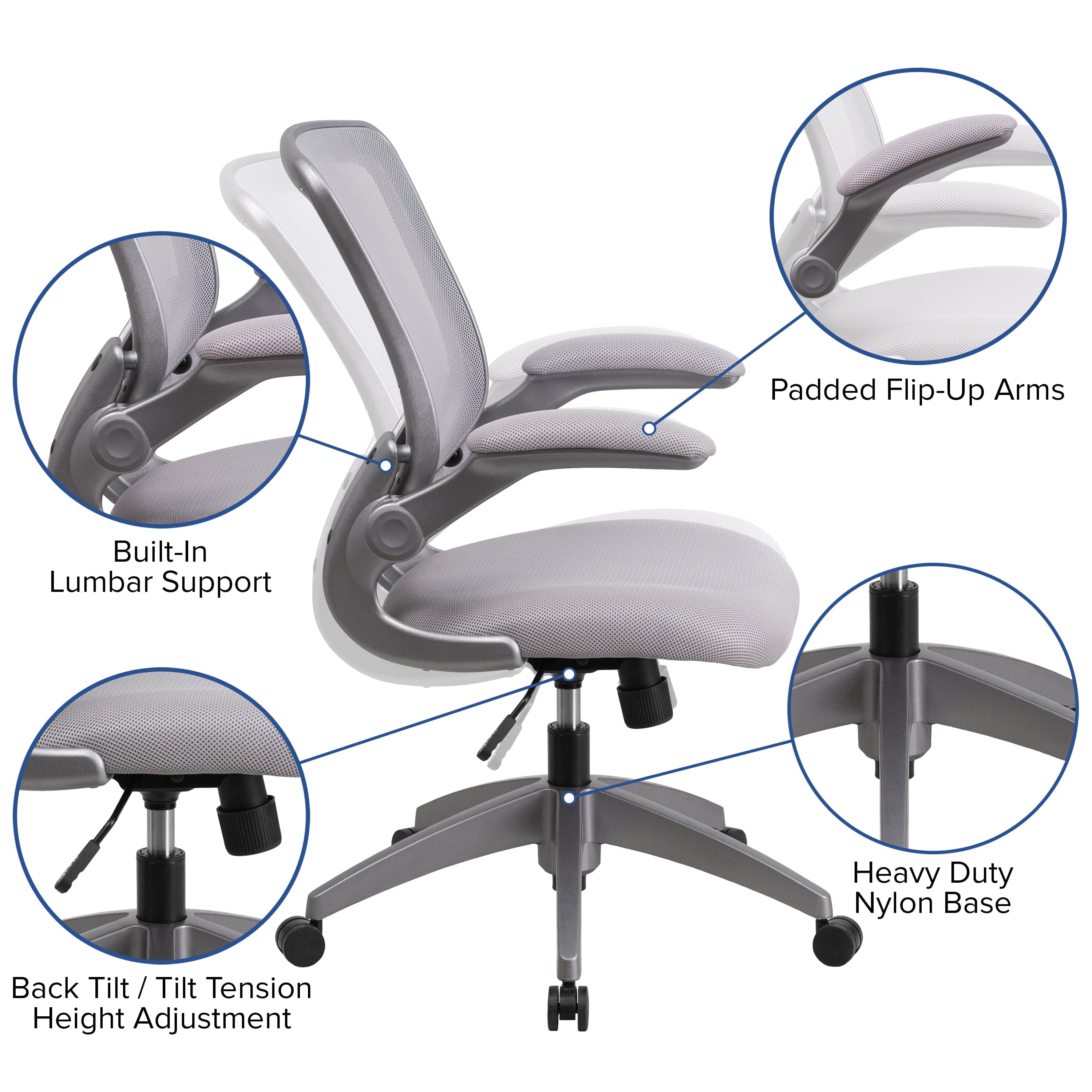 Flash Furniture Mid-Back Gray Mesh Swivel Ergonomic Task Office Chair with Gray Frame and Flip-Up Arms