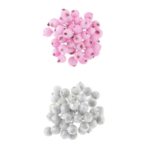 Ramo de flores artificiales de bayas de espuma con tallo de alambre flexible para guirnaldas de flores DIY y coches de boda. 400 rosa + blanco plateado