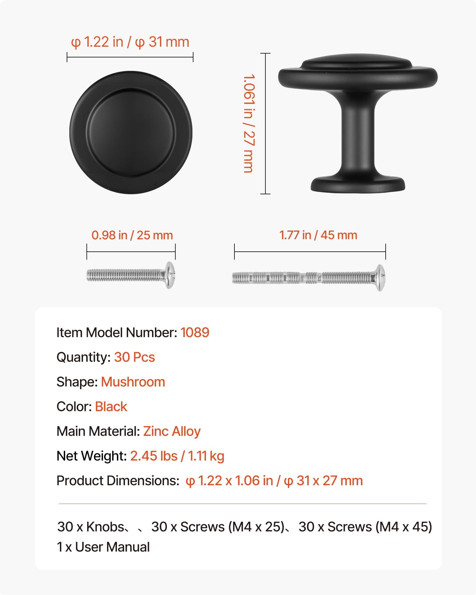 VEVOR Cabinet Knobs, 30 Pack,1.22 Inch Black Zinc Alloy Drawer Pulls & Door Handles,Mushroom Kitchen Solid Knobs Dresser Handles,Cupboard Hardware with Screws for Bathroom Closet Cabinets Drawers
