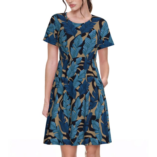 Balery Blue Leaves A Vestidos sueltos de manga corta para mujer, vestidos de verano 2025, vestidos casuales de corte A con vuelo.