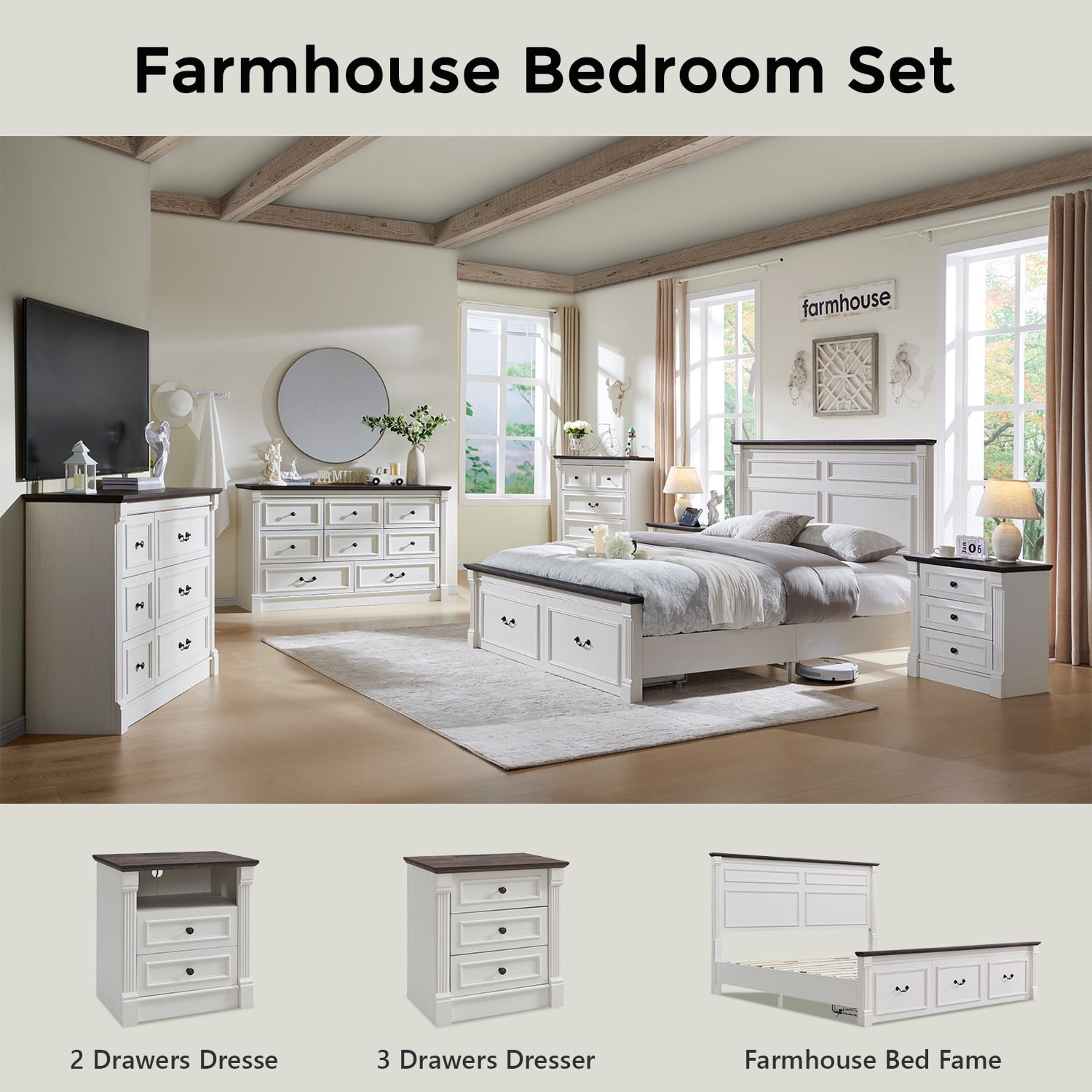 wow97e Farmhouse 3-Drawer Nightstand with Charging Station, Wood End Table with Roman Column for Bedroom, White