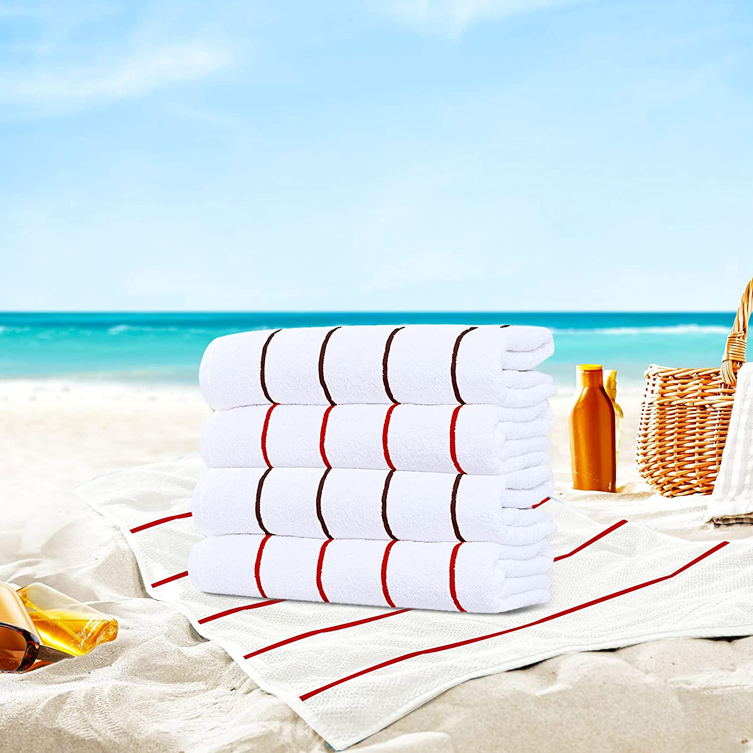 Ample Decor 100% Cotton Set of 4 Beach Towel Large Cabana Striped - Brown & Red - 30 x 68 inch