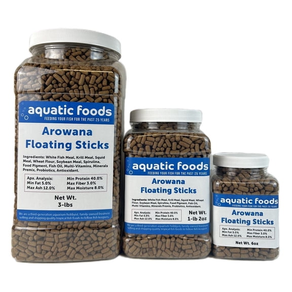 Arowana 3/16" x 3/8" 40% Protein Floating Sticks for Arowana, Oscars, Flower Horns, Red Parrots all Larger Cichlids - WL 6oz Sm Jar