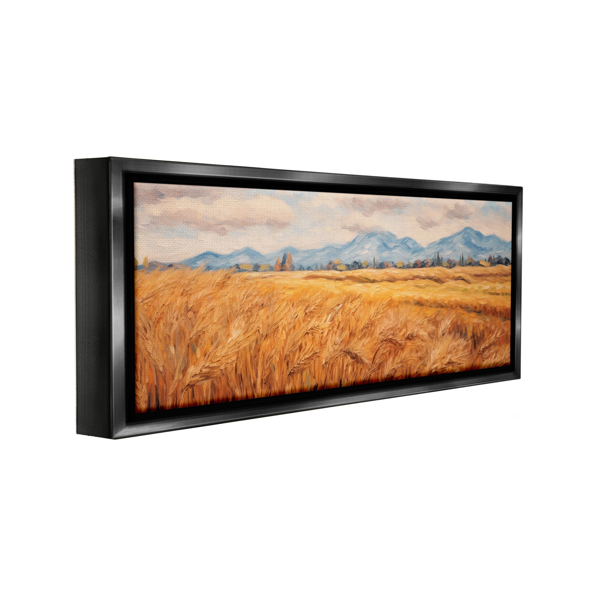 Stupell Industries Country Wheat & Mountains Landscape Painting Black Floater Framed Canvas Art Print Wall Art, 31 x 14