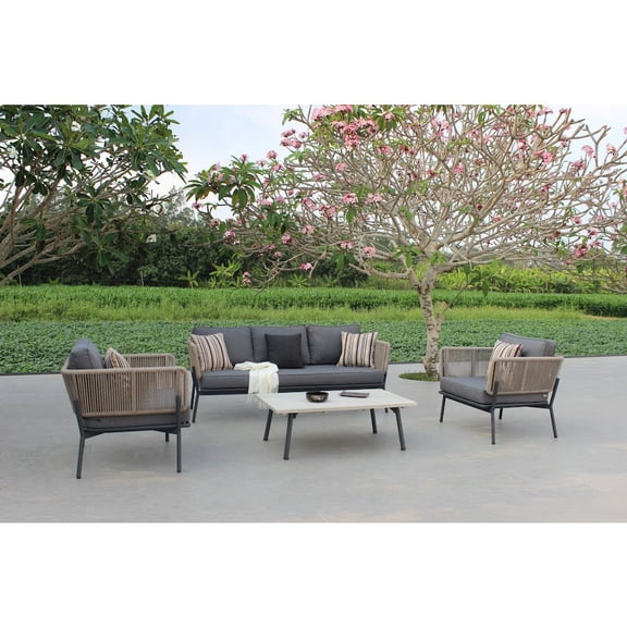 Renava Suntide - Outdoor Grey Fabric   Beige Rattan   Grey Acacia Sofa Set