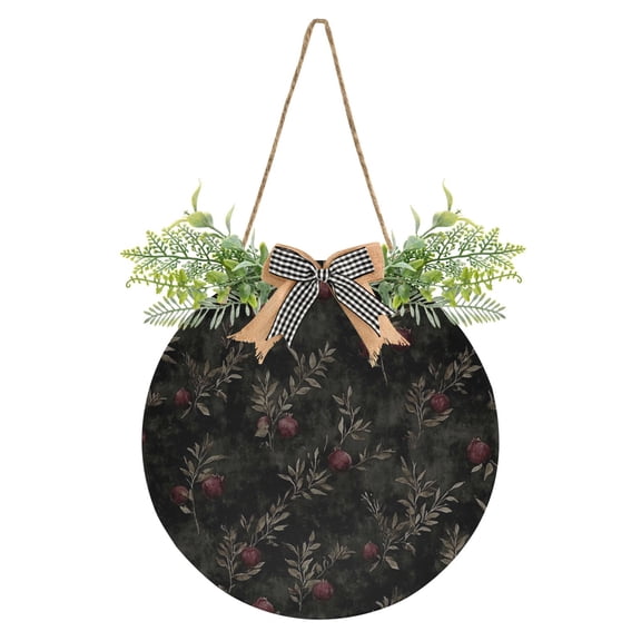 Dark Floral Pomegranate Front Door Porch Decoration Hanging Sign with Artificial Green Plants and Bow for Home Outdoor Indoor