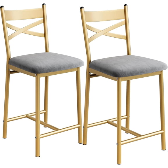 IDEALHOUSE 26in Gold Dining Chair Set of 2, Modern Bar Stools with Back, Metal Legs, Footrest, Faux Leather, Urban Armless Chairs for Kitchen Island, Counter Height Barstools