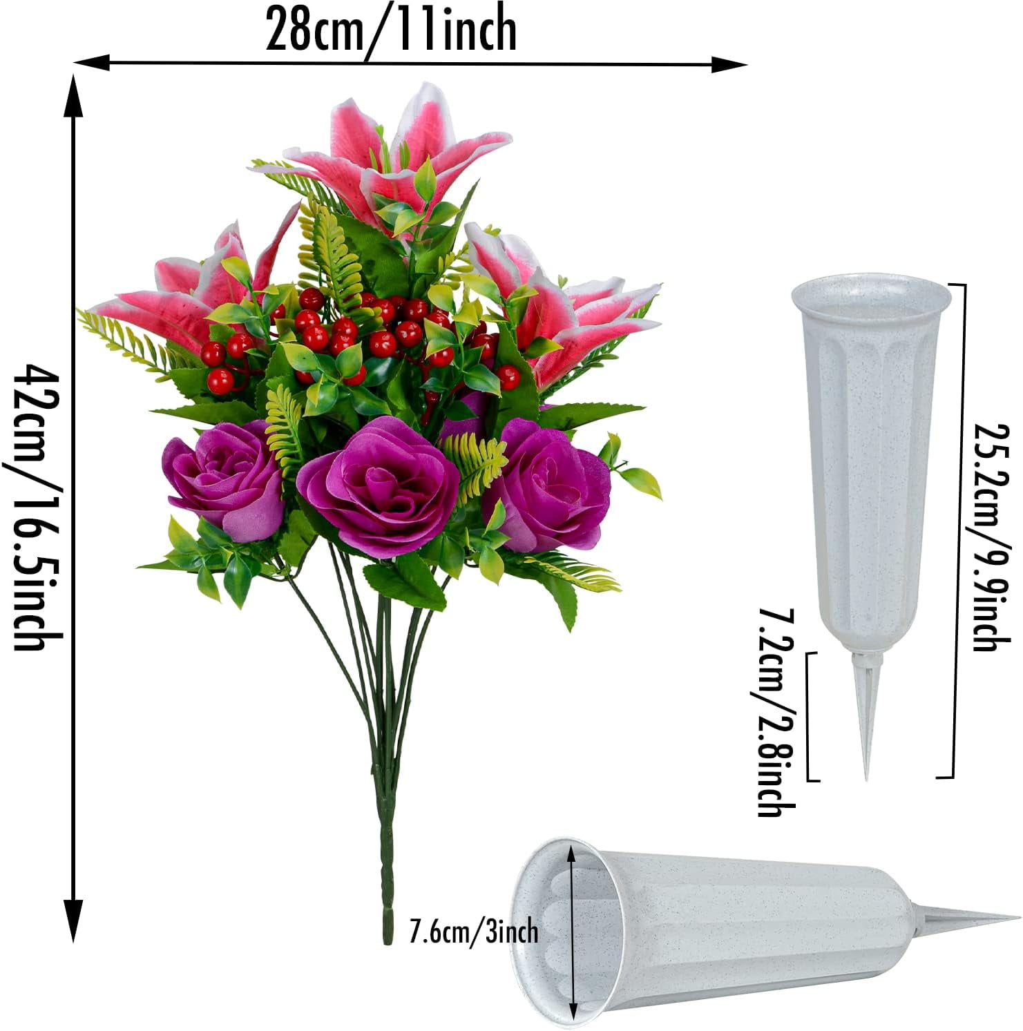 Artificial Cemetery Flowers for Grave, Set of 2 Artificial Memorial Flowers with Vase for Outdoor Cemetery Headstones Graveyard Gravestone Decoration (Red Lily&White Purple Peony)