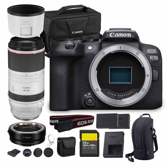 Canon EOS R10 Mirrorless Camera 24.2MP APS-C Sensor 4K Video Dual Pixel AF Compact Lightweight Vlogging Travel Camera (5331C002)   Canon RF 100-500mm Lens   Adapter EF-EOS R   64GB Card   More