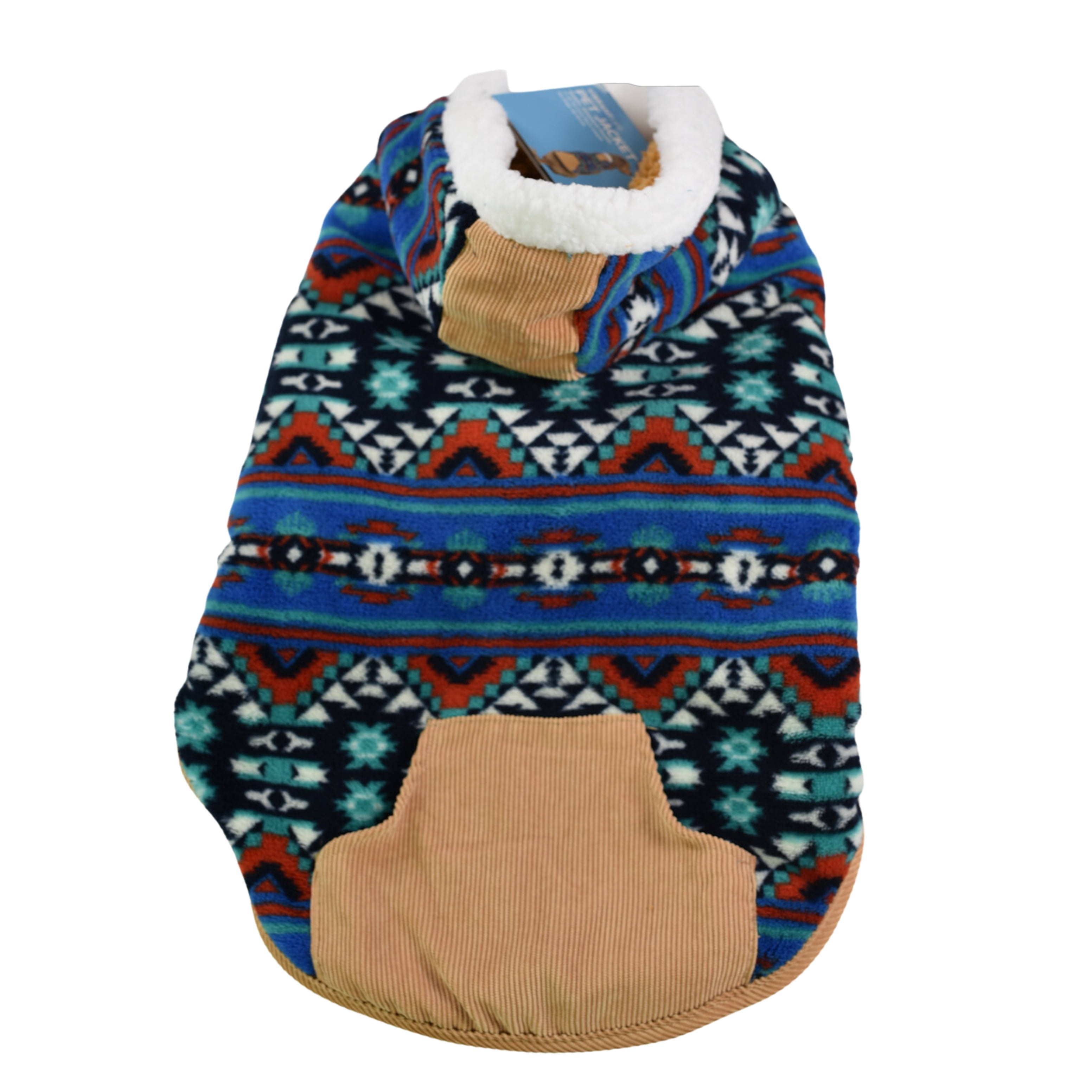 Vibrant Life Dog Clothes: Blueprint Fleece Hooded Jacket with Corduroy Trim, M