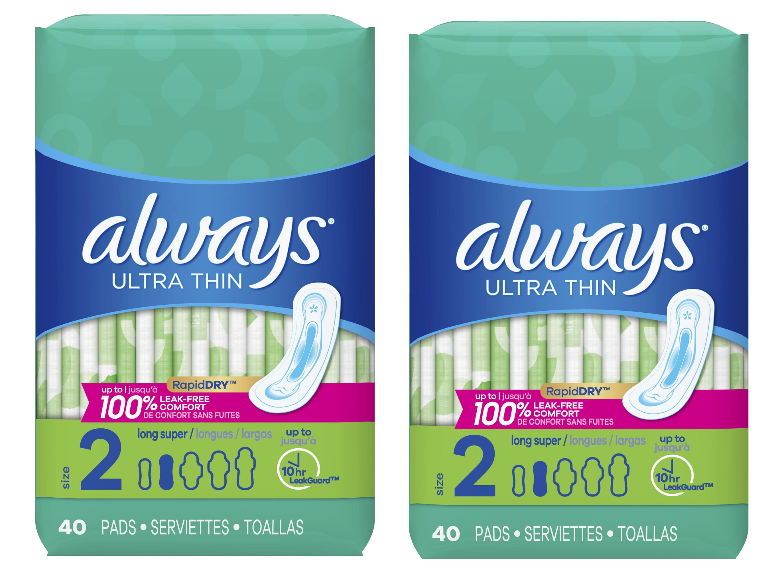 Always Ultra Thin Pads, Unscented, Size 2, 40 count -2 Pack