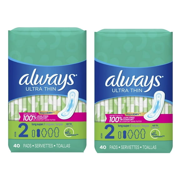 Always Ultra Thin Pads, Unscented, Size 2, 40 count -2 Pack