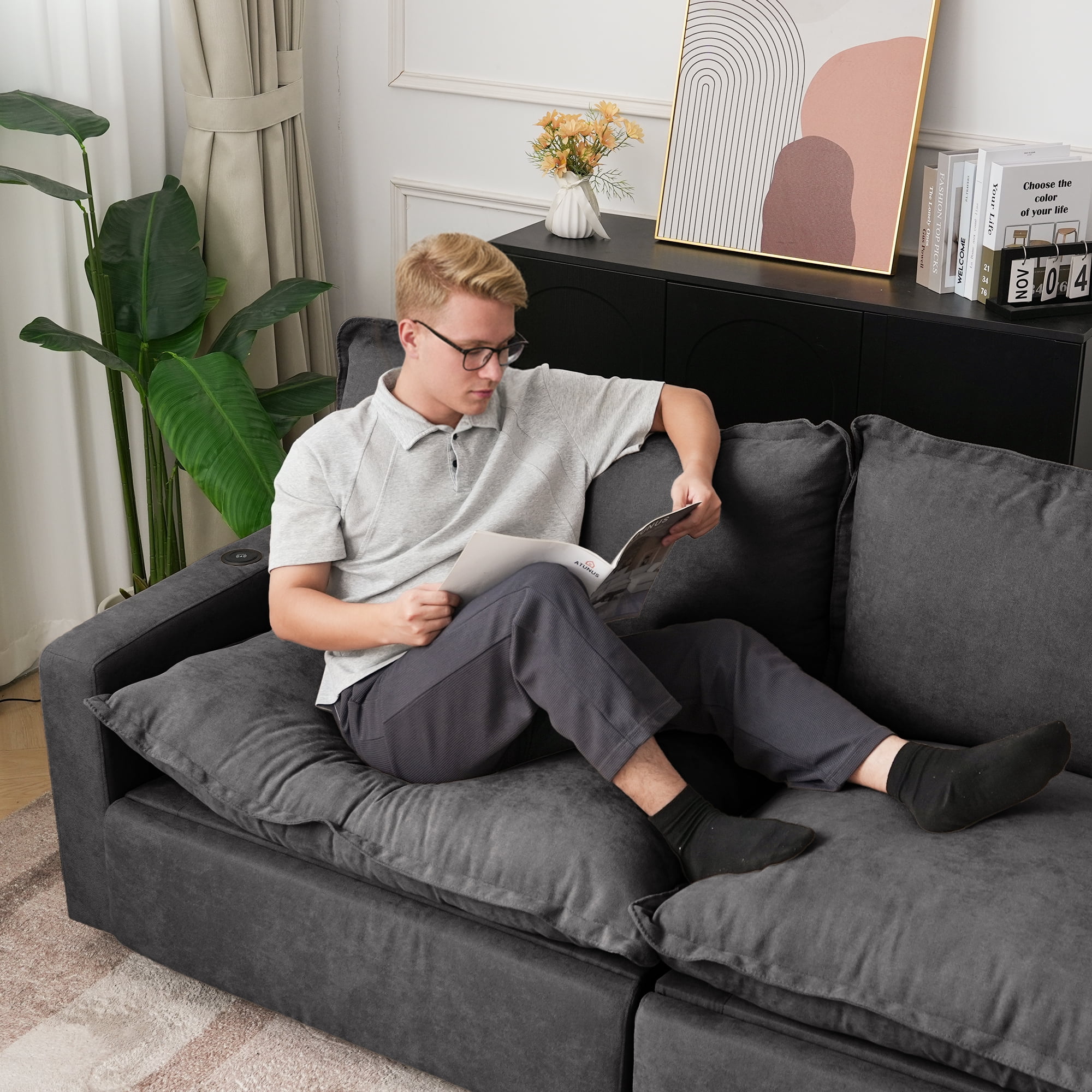 Magic Home Power Recliner Sofa Couch Set, 4 Seat Electric Recliner with Heating, USB Ports for Families and Friends, Modern Electric Recliner Sofa for Living Room Home Theater, Grey