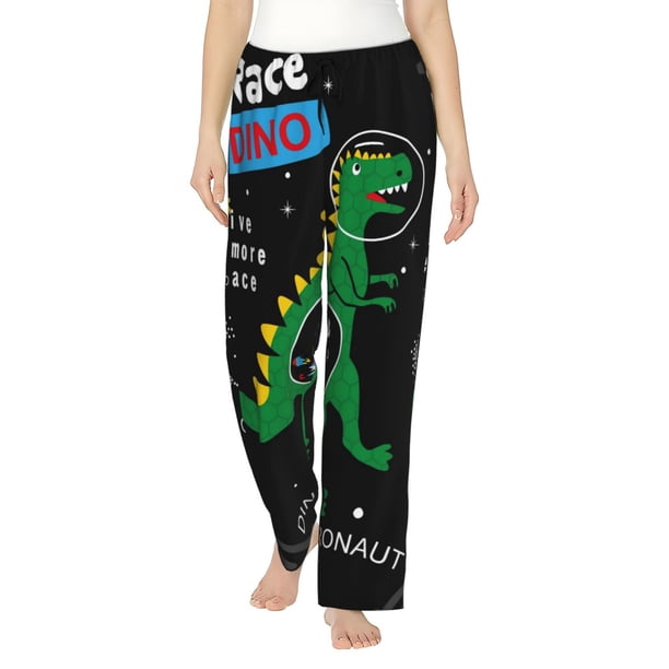 Balery Space Dino Cartoon Black Pantalones de pijama para mujer, pijamas ultraligeros, pantalones de estar por casa-3X-Large