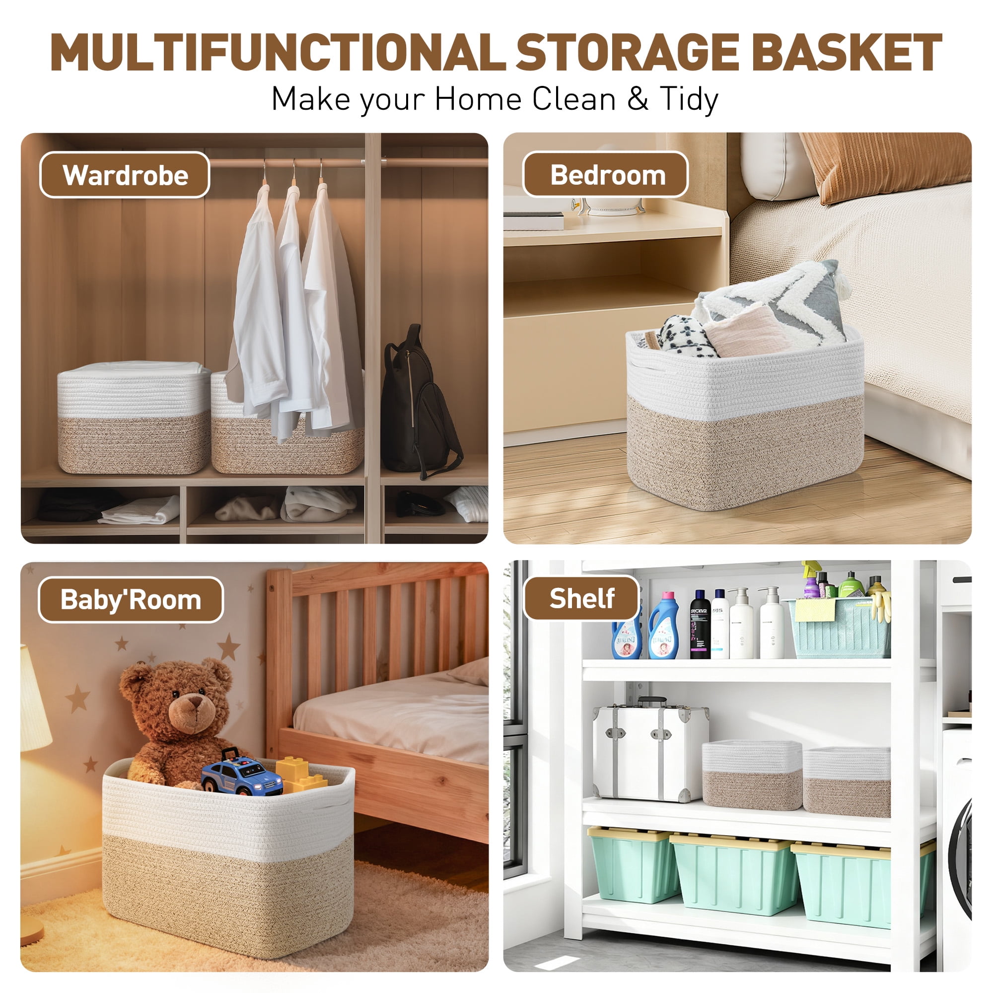 3 Pack Storage Basket, 11”x11”x9” (18L)Rectangle Woven Baskets for Storage, Cotton Rope Basket for toys, Towel Baskets, Closet Organizer Bins Shelves Organizer, Decorative Basket(Brown&White)
