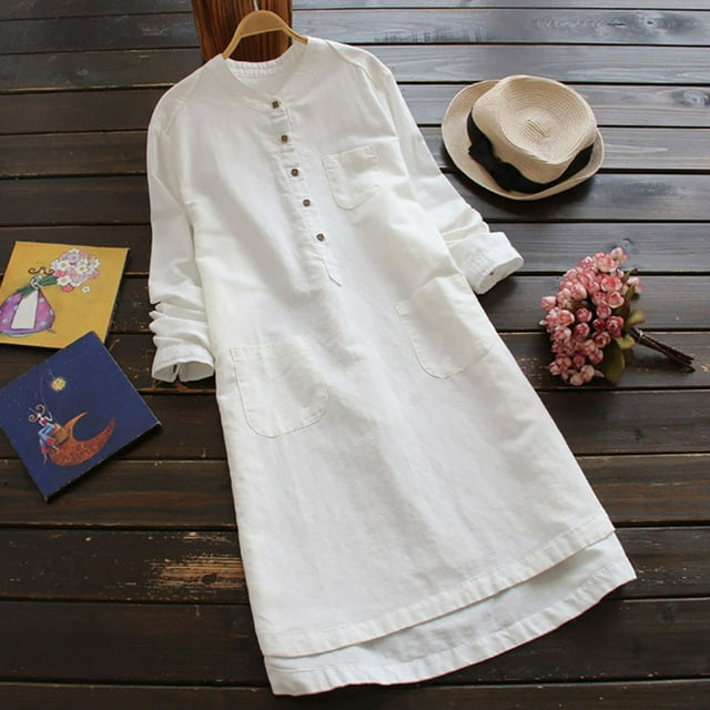 Fridja Womens Retro Long Sleeve Casual Loose Button Tops Blouse Mini Shirt Dress