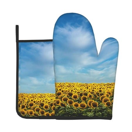 

Zeuib Blooming Sunflower Field Print Oven Mitt & Pot Holder Set 2-Pack Kitchen Gloves and Hot Pads for Cooking BBQ Grilling Baking