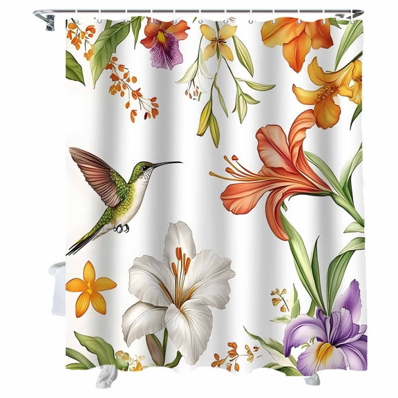 Shower Curtains Watercolors Bird Flowers Bath Curtain Orange Floral Plant Waterproof Bathroom Shower Curtain Set with Hooks Decoration 72 x 72 Inches