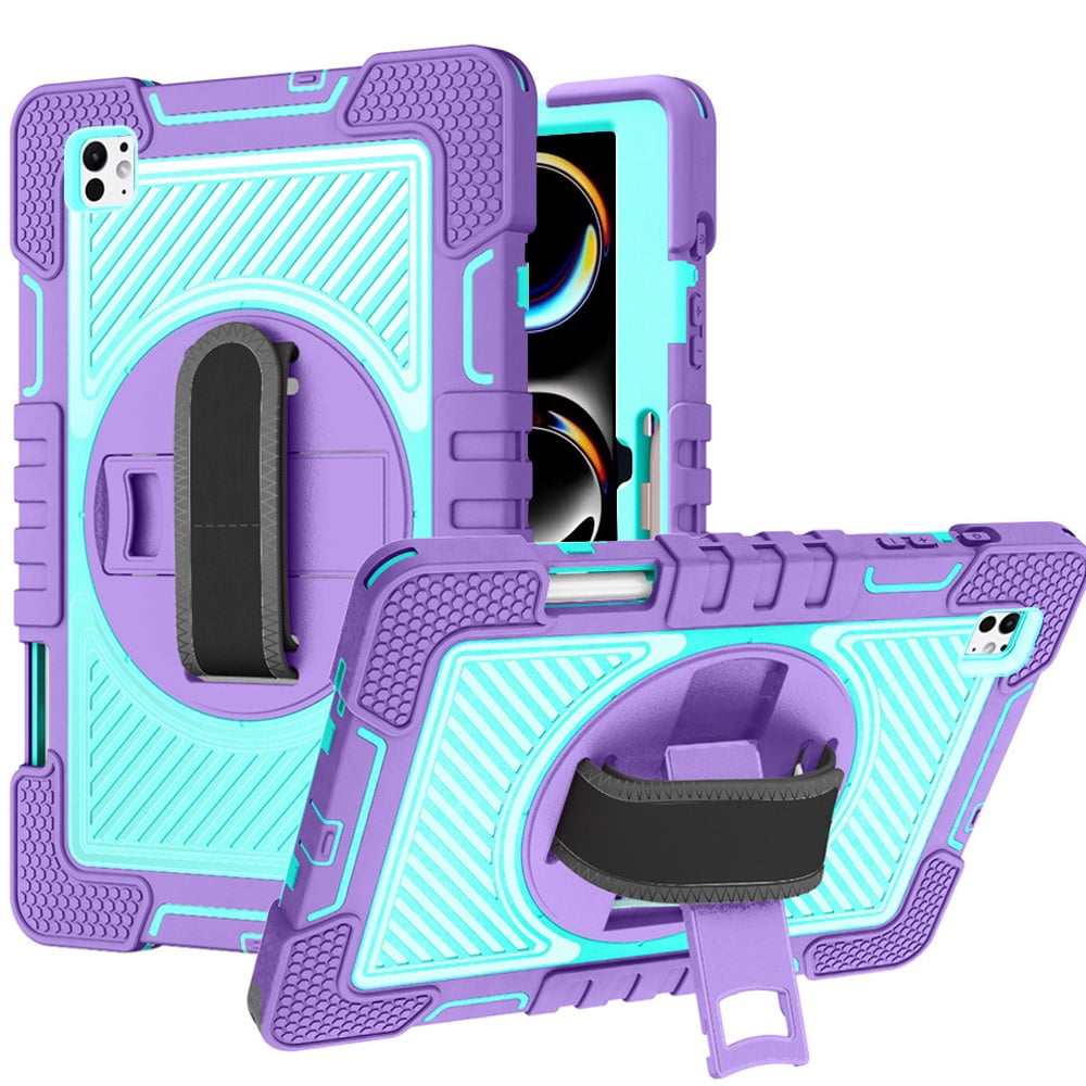 For Apple iPad (A16) 2025 /iPad 10th Gen 10.9 Hybrid 3in1 Multi-Functional Shockproof Tablet Case with Hand, Shoulder Strap, Pencil & Stand Holder Case Cover [Purple Teal]