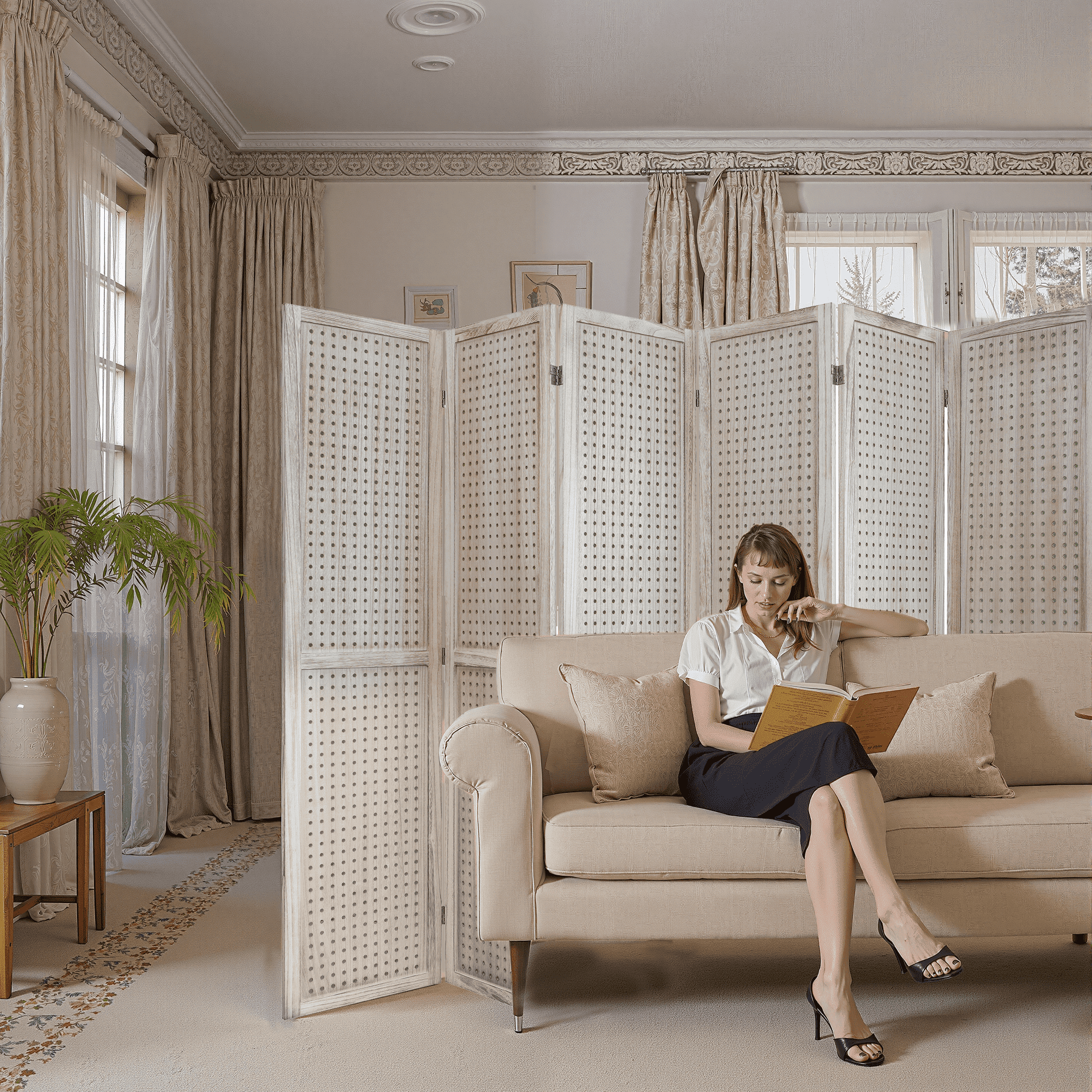 MAYEERTY 6 Wooden Room Divider, 5.6Ft Wooden Freestanding Privacy Screen with Shelves, Natural Wood