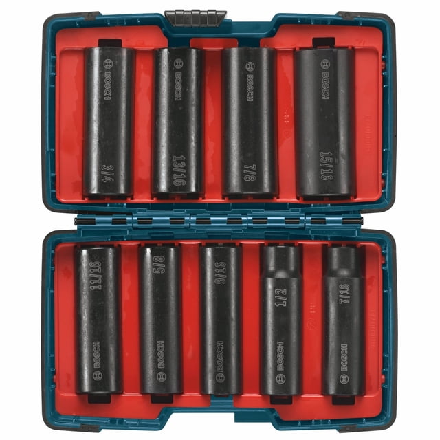 Juego de enchufes Bosch 27286 con vástago de 1/2 pulgada, 9 piezas, con funda