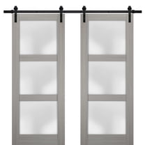 Sturdy Double Barn Door 64 x 80 inches with Frosted Glass | Lucia 2552 Grey Ash | Top Mount 13FT Rail Hangers Heavy Set | Solid Panel Interior Doors