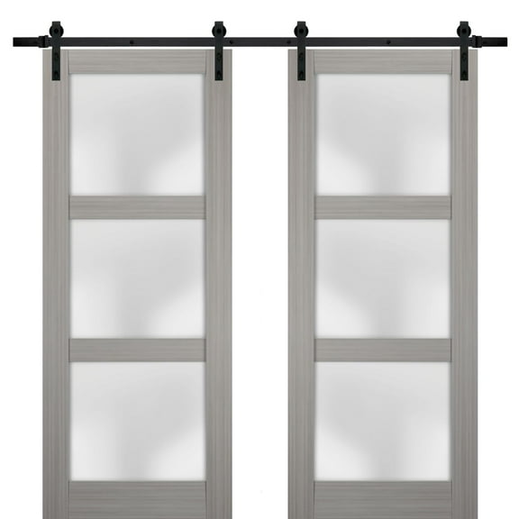 Sturdy Double Barn Door 64 x 80 inches with Frosted Glass | Lucia 2552 Grey Ash | Top Mount 13FT Rail Hangers Heavy Set | Solid Panel Interior Doors