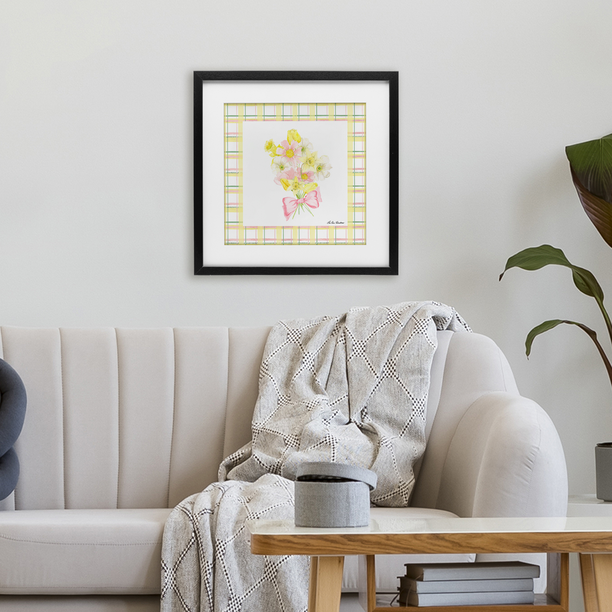 Spring Daffodils on Plaid Black Framed Print Under Glass, design by Lee Ann Sanders