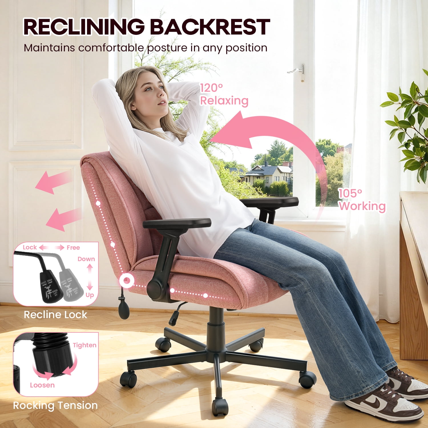 BOSSIN Criss Cross Chair with Wheels,Cross Legged Office Chair,Wide Criss Cross Chair with Flip-Up Arms & Extra-Deep Seat Thickened for Office Chair,Plush Cushion,Cute,Comfy,Pink