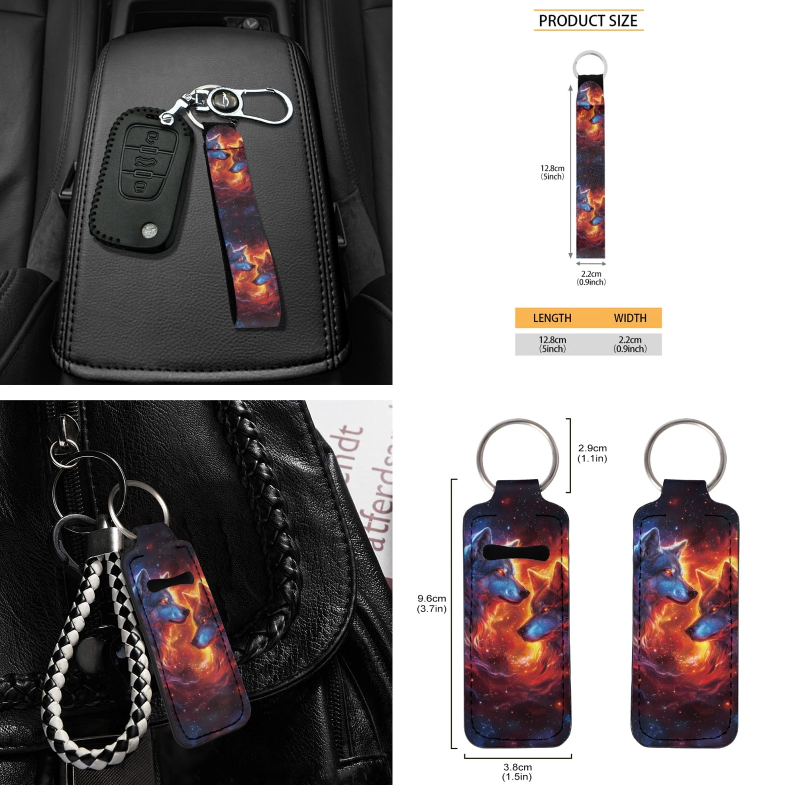 Yuyamidu Galaxy Car Seat Covers Full Set of 16 Fire Wolf Steering Wheel Cover Seat Belt Pad Sunshade Rearview Mirror Cover Car Coasters Key Chain Gear Shift Knob Cover Fit Most Vehicles