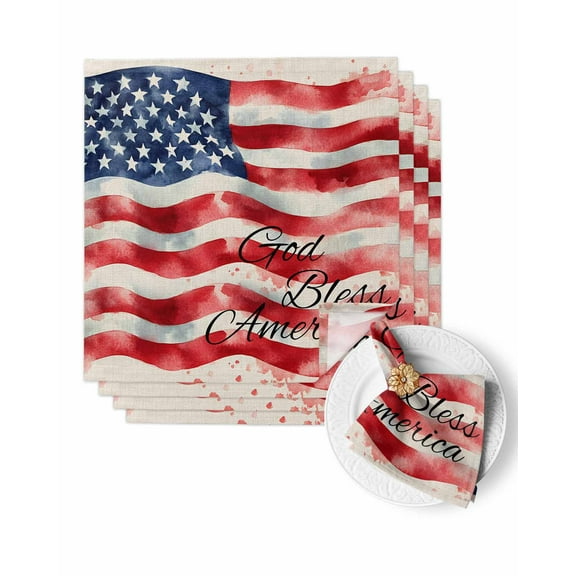 Cloth Napkins Retro Watercolor American Flag on Linen Washable Soft Kitchen Dinner Napkin Set of 4,Independence Day Theme Reusable Cocktail Napkins for Wedding Holiday Party Event,20x20In
