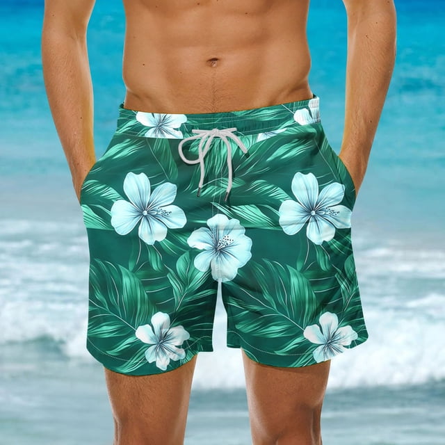 Swim Trunks for Men, Hawaiian Print Quick-Dry Polyester with Elastic Waistband and Drawstring, UPF 50+, Mesh Lined, 2 Slanted Pockets