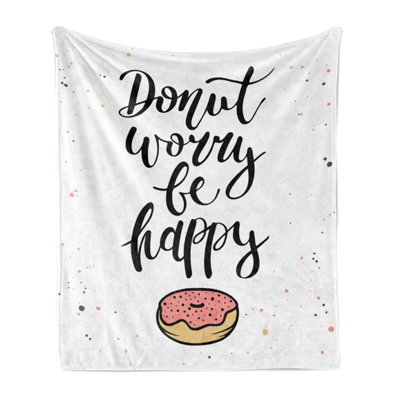 Be Happy Soft Flannel Fleece Throw Blanket, Donut Worry Humorous Words the Sugary Glazed Desert Color Stains, Cozy Plush for Indoor and Outdoor Use, 60" x 80", Multicolor, by Ambesonne