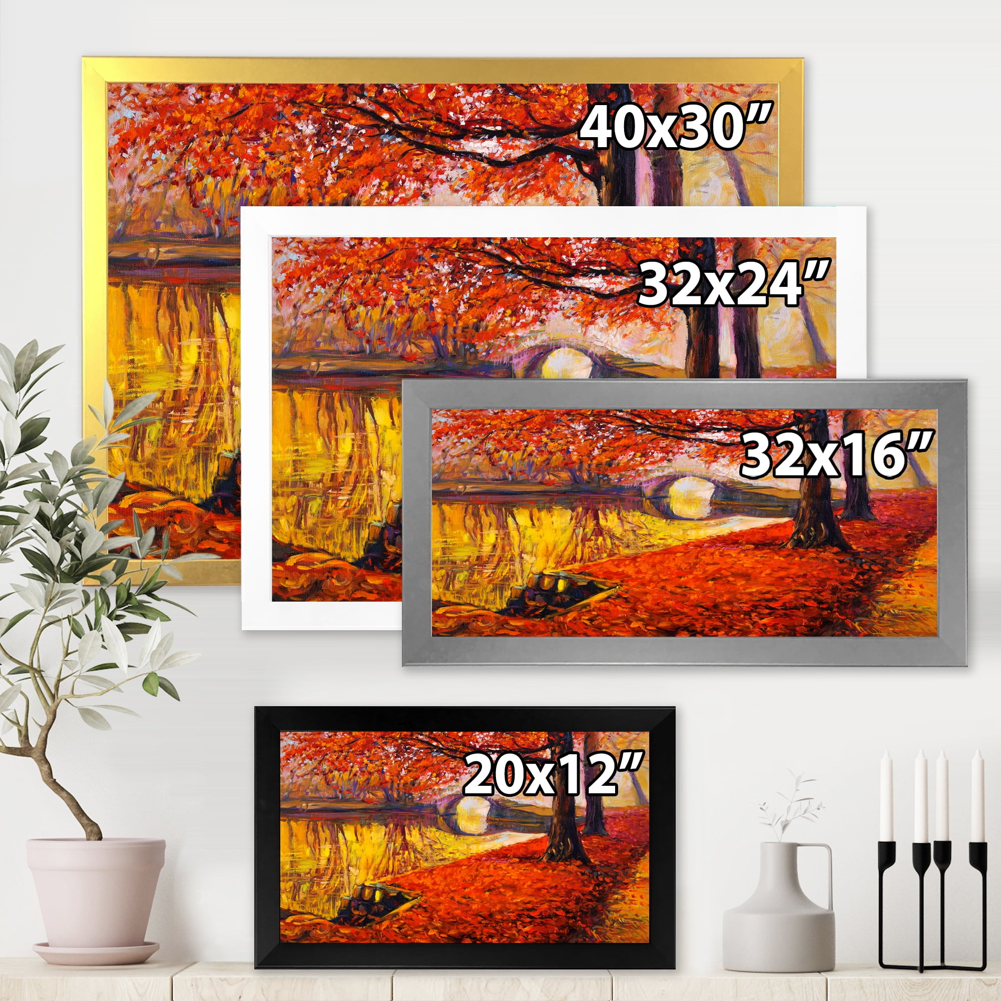 Designart 'Little Bridge In Deep Orange Autumn Landscape I' Traditional Framed Art Print