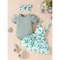 thumbnail image 3 of FEORJGP Infant Baby Girls Summer Outfit 0-18M Newborn Short Sleeves Jumpsuit Crew Neck Ribbed Rompers and Floral Suspender Skirt Headband Toddler Sweet Cute Casual 3 Piece Clothes Set for Vacation, 3 of 9