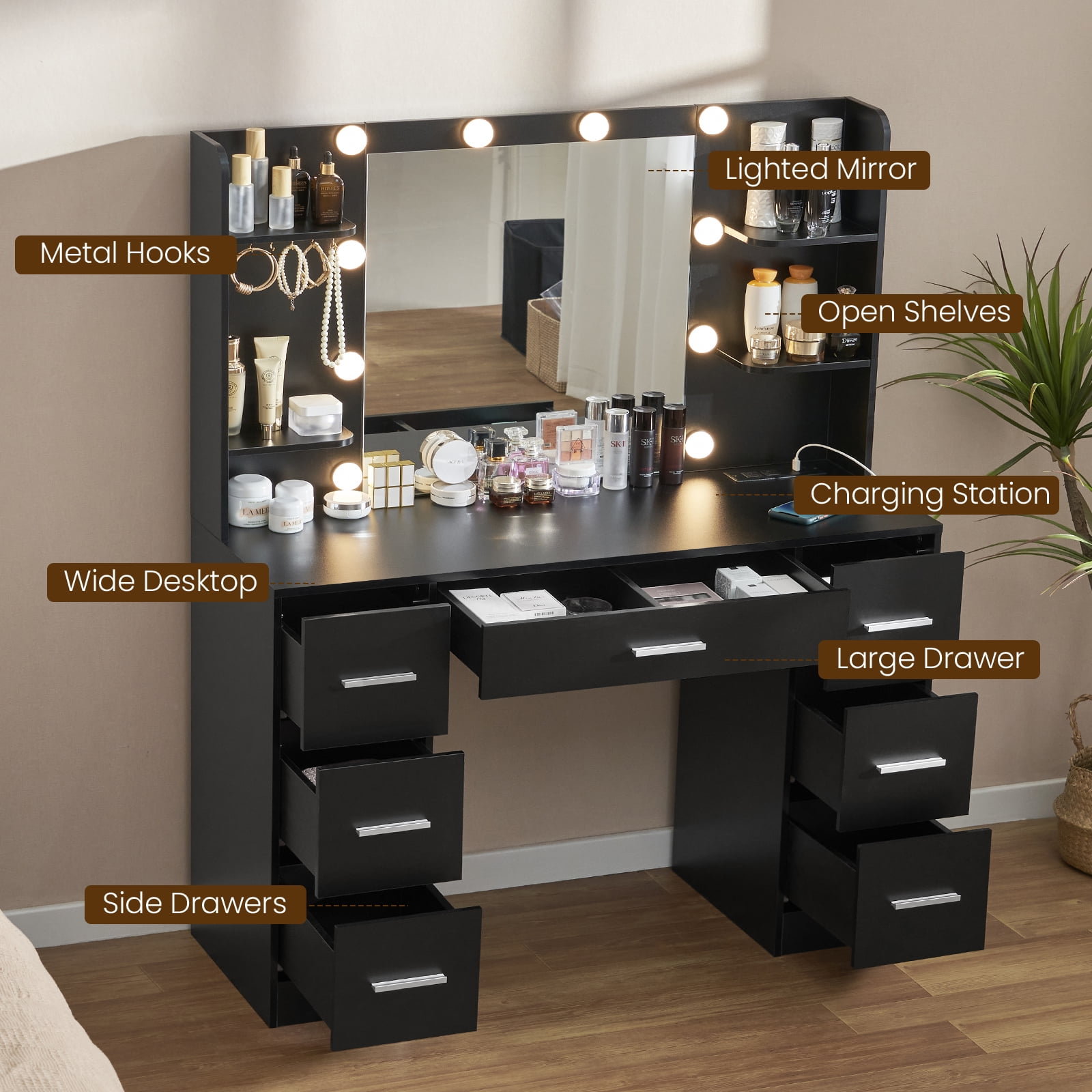 BTHFST Vanity Desk with Full Length Mirror and Lights, Makeup Vanity with  Lights and Charging Station, Large Makeup Table with Drawers Shelves