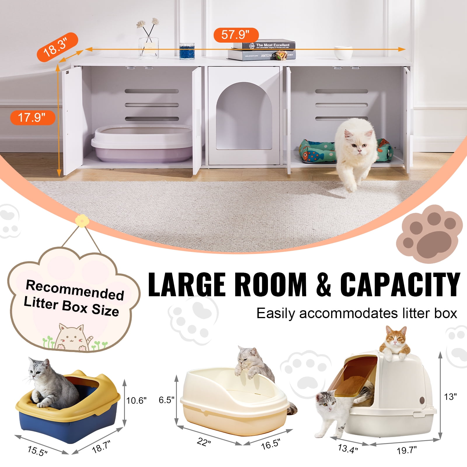 KFFKFF Dual Cat Litter Enclosure, Spacious Hidden Litter Cabinet for Multiple Cats, Wood Constructed Litter Box Cover, Dimensions: 57.9"L x 18.3"W x 17.9"H, in White