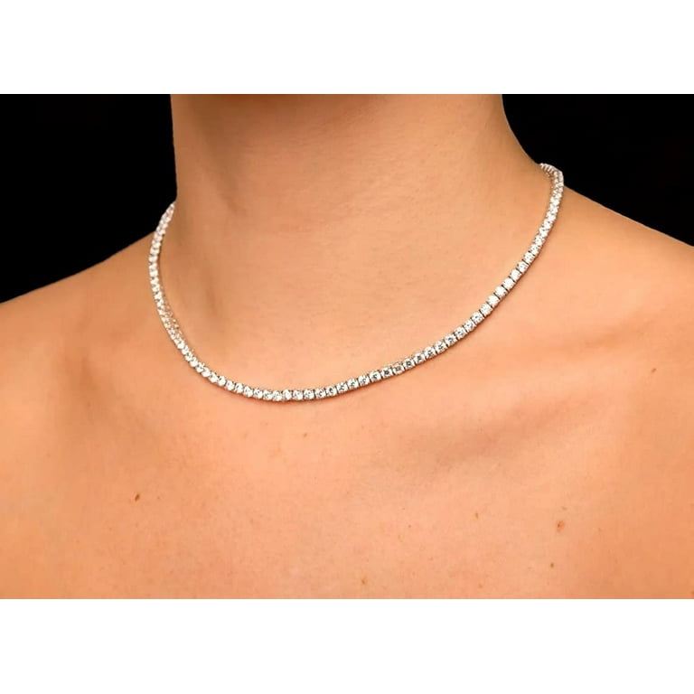 925 Italian Sterling Silver 3mm Tennis Necklace Iced Out Round