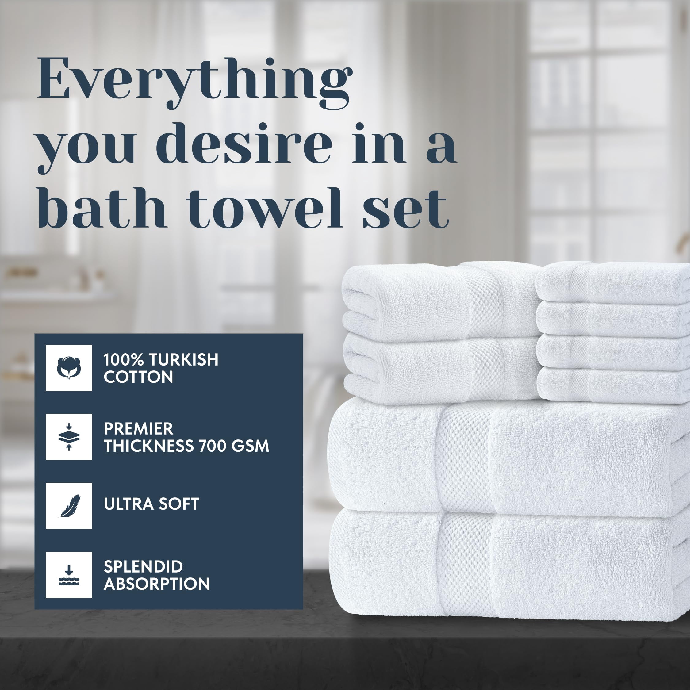 White Classic Hotel Collection Luxury 8-Piece 100% Turkish Cotton Towel Set, White