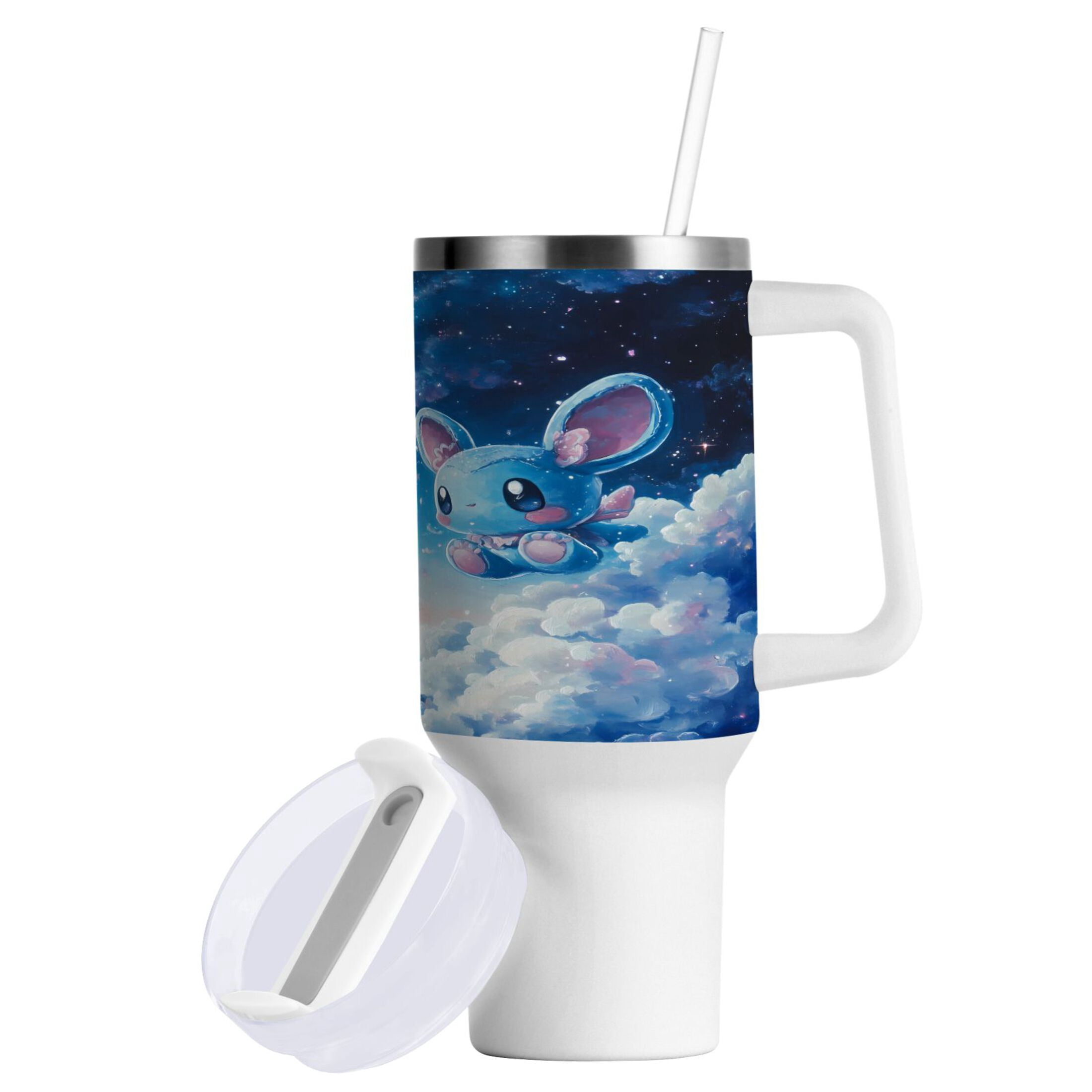 40 oz Tumbler with Handle and Straw Lid Cute Blue Mouse in Sky Insulated Vacuum Water Bottle Stainless Steel Travel Cup