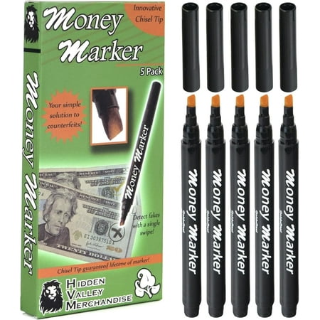 HVM Counterfeit Money Detector Pen (5 Counterfeit Pens) - Money Marker Bill Detector Pen with Upgraded Chisel Tip - Detect Fake Bills, Universal False Currency Checker Pack