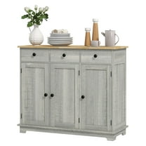 SAZYY Kitchen Storage Cabinet, Light Gray Sideboard with Solid Wood Top, Adjustable Shelf, 3 Drawers
